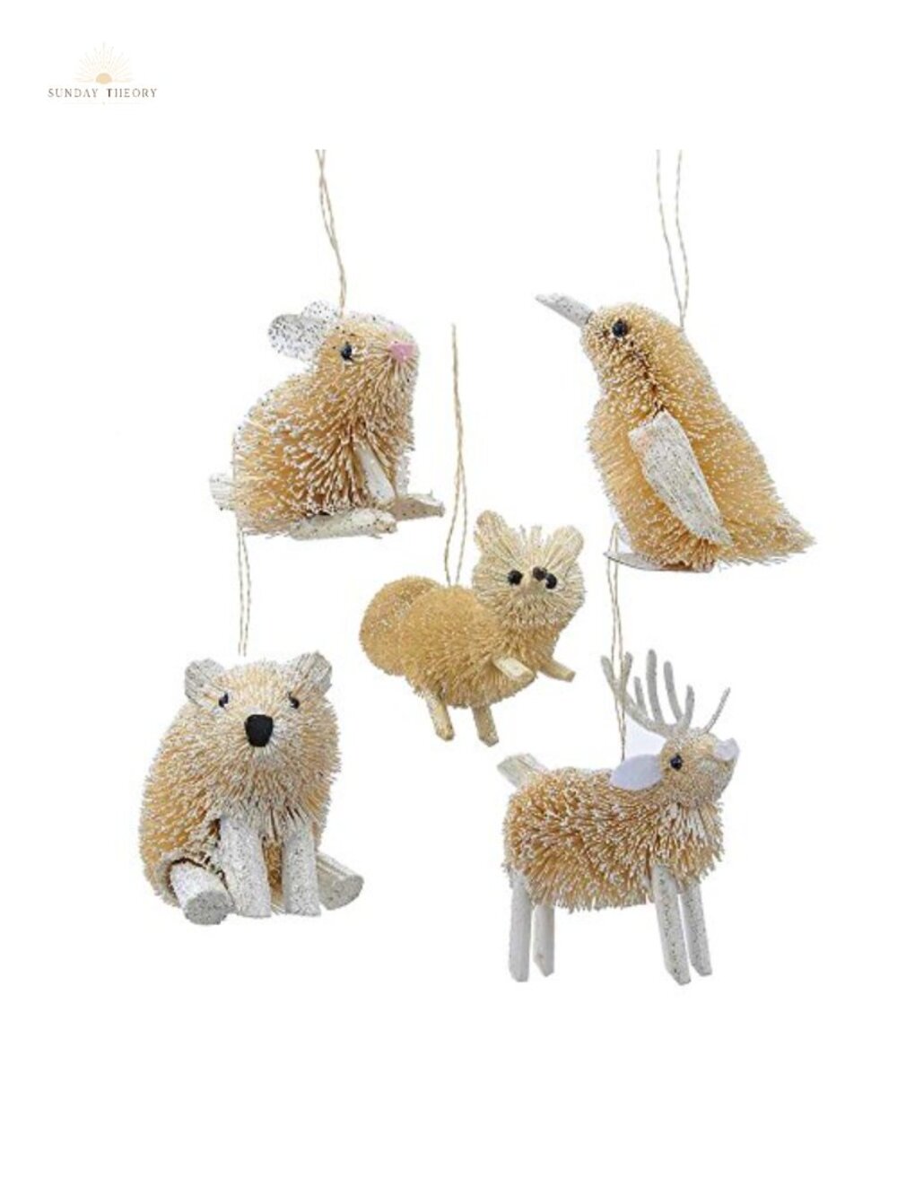 Buri Winter Animal Ornament Set of 5 Straw Rattan 3.5 Inch Christmas Tree Decor